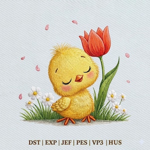 May include: An embroidered design shows a yellow chick with closed eyes next to a red tulip. White daisies and green grass surround the chick, with pink petals scattered around. Suitable for embroidery projects. The text at the bottom reads: DST | EXP | JEF | PES | VP3 | HUS.