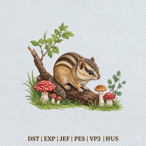 Chipmunk Forest Woodland Animal, Cute Squirrel Nature Scene Embroidery Design, Instant Download Dst Pe