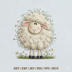 Può includere: Un'illustrazione stravagante di una pecora con un soffice manto di lana color crema adornato da piccole margherite bianche. La pecora ha una faccia marrone chiaro, orecchie rosa e si trova su un prato verde. Include il testo "DST | EXP | JEF | PES | VP3 | HUS".