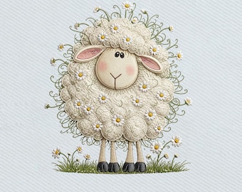 Fluffy Sheep with Daisies, Cute Farm Animal Floral Embroidery Design, Instant Download Dst Pe
