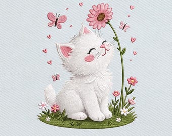 Cute Cat Smelling Flower, Kawaii Kitty Floral Embroidery Design, Instant Download Dst Pe