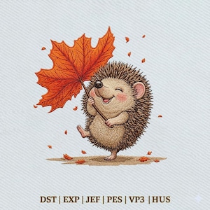 May include: An embroidered illustration of a smiling hedgehog holding a large orange maple leaf as an umbrella, surrounded by small falling leaves. The text at the bottom reads: DST | EXP | JEF | PES | VP3 | HUS.