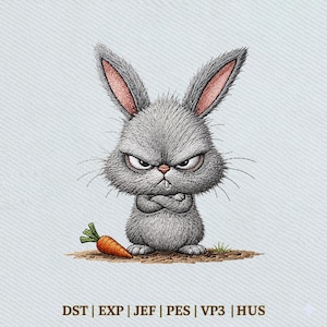 May include: A gray rabbit with a grumpy expression and crossed arms stands on brown soil next to an orange carrot. The text DST | EXP | JEF | PES | VP3 | HUS is printed at the bottom of this digital illustration of a furry animal.