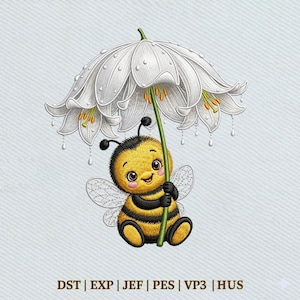May include: A cute cartoon bee with yellow and black stripes, holding a green stem supporting a large white flower. The flower has delicate petals and water droplets. The image has the text "DST | EXP | JEF | PES | VP3 | HUS" at the bottom.