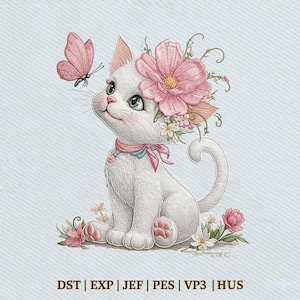 Cute White Cat Floral Kitten with Butterfly, Baby Animal Embroidery Design, Instant Download Dst Pe