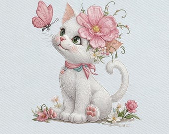 Cute White Cat Floral Kitten with Butterfly, Baby Animal Embroidery Design, Instant Download Dst Pe