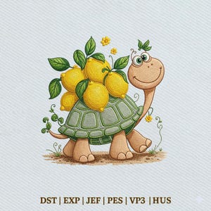 May include: An embroidery design featuring a smiling turtle with a tan body and a green shell carrying a cluster of bright yellow lemons with green leaves. Small yellow flowers surround the turtle. Text at the bottom reads DST | EXP | JEF | PES | VP3 | HUS.