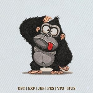 Puede incluir: Un diseño bordado de un gorila de dibujos animados con pelaje negro, cara gris y lengua roja afuera. El gorila tiene ojos grandes y se rasca la cabeza. Debajo de la imagen, el texto dice: DST | EXP | JEF | PES | VP3 | HUS.