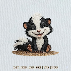 Peut inclure: Un motif brodé représentant une mouffette souriante au pelage noir et blanc, assise sur un sol brun. La mouffette a une rayure blanche sur la tête et le dos. Sous la mouffette, le texte indique : DST | EXP | JEF | PES | VP3 | HUS.