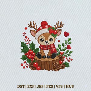 May include: An embroidery design featuring a brown fawn wearing a red and white winter hat and a red plaid scarf, sitting on a brown tree stump. The fawn is surrounded by green holly leaves, red berries, pinecones, and small red hearts.