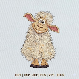 May include: A cartoon illustration of a smiling sheep with a fluffy, cream-colored body and brown legs. The sheep has large, expressive eyes and pink ears. The image includes the text "DST | EXP | JEF | PES | VP3 | HUS" at the bottom.