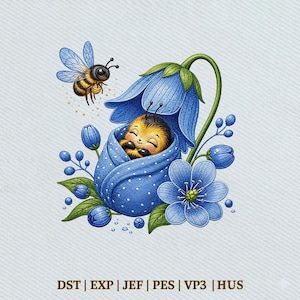 Pode incluir: Uma ilustração fantasiosa apresenta uma abelha bebé aninhada numa flor azul, envolta numa manta azul com bolinhas brancas. Uma abelha voadora paira por perto. A imagem é rodeada por flores e botões azuis, com folhas verdes. O texto "DST | EXP | JEF | PES | VP3 | HUS" está presente.