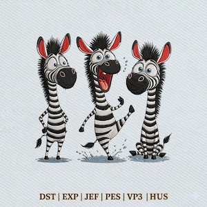 Könnte beinhalten: Drei Zeichentrickzebras mit schwarz-weißen Streifen, schwarzen Mähnen und roten Innenohren. Eines steht, eines kickt mit einem Bein in eine Pfütze und eines sitzt. Darunter steht der Text: DST | EXP | JEF | PES | VP3 | HUS.