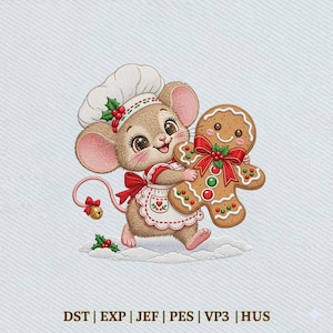 May include: An embroidery design featuring a brown mouse wearing a white chef hat and apron, holding a decorated gingerbread man cookie. The mouse has a red bow on its tail with a small gold bell. Text at the bottom reads: DST | EXP | JEF | PES | VP3 | HUS.