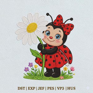 May include: A cartoon ladybug holding a large white daisy with a yellow center. The ladybug is red with black spots and a red bow. The image includes text at the bottom: DST | EXP | JEF | PES | VP3 | HUS.
