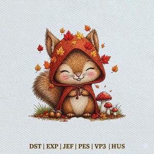 May include: A brown squirrel illustration wearing a red hooded cloak decorated with orange and red autumn leaves. The squirrel stands near three red and white spotted mushrooms on a patch of grass. Text at the bottom reads DST | EXP | JEF | PES | VP3 | HUS.