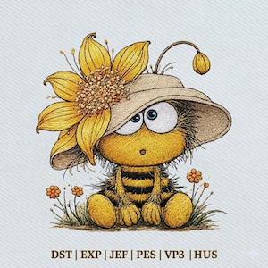 May include: A whimsical cartoon bee wearing a straw hat and a large yellow flower. The bee has big blue eyes, a fuzzy yellow body with black stripes, and is sitting among small orange flowers. Embroidery file formats are listed below the image.
