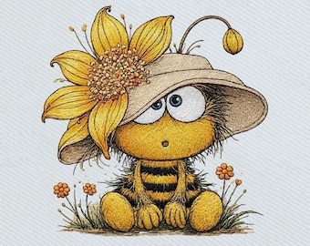 Sad Bee Sunflower, Kawaii Bee Embroidery Design, Instant Download Dst Pe