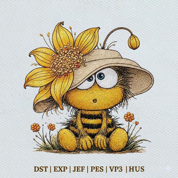 Sad Bee Sunflower, Kawaii Bee Embroidery Design, Instant Download Dst Pe