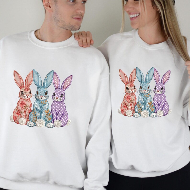 Floral Bunny Trio Pattern Rabbits Spring Easter, Cute Rabbit Embroidery ...