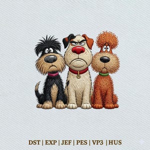 Könnte beinhalten: Ein Stickmuster mit drei Cartoon-Hunden, die nebeneinander sitzen. Der linke Hund ist schwarz-beige mit einem rosa Halsband, der mittlere ist cremefarben-braun mit einem roten Halsband und der rechte ist lockig orange mit einem grünen Halsband. Text: DST | EXP | JEF | PES | VP3 | HUS.