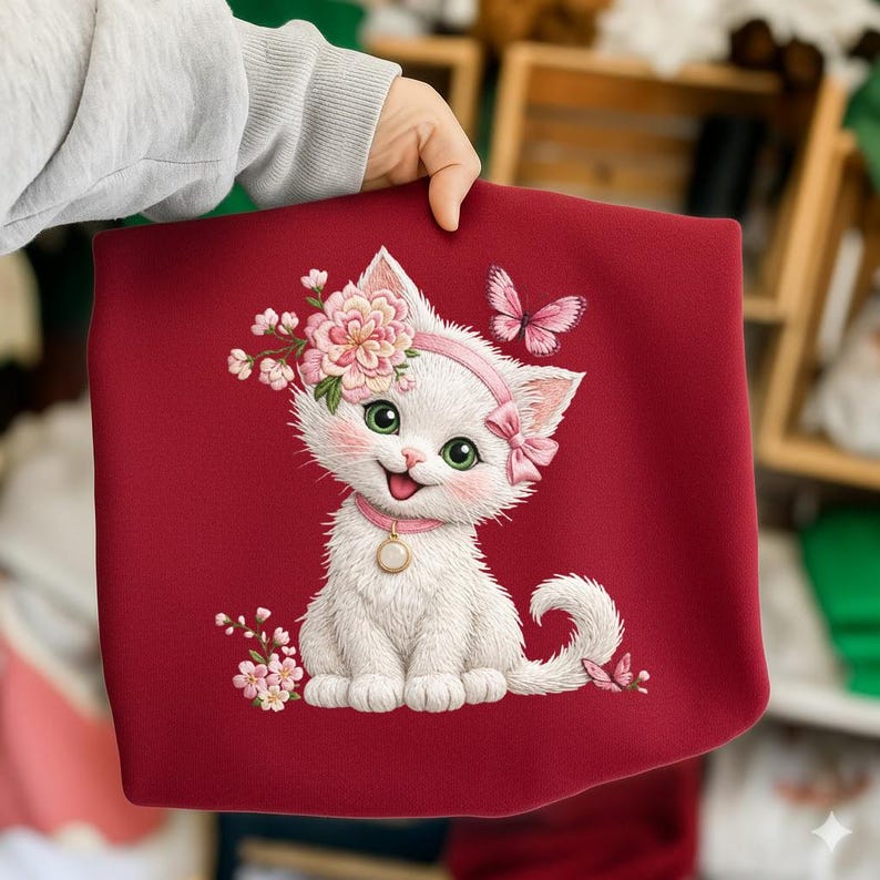 May include: A red fabric with a white cat illustration. The cat has green eyes, a pink collar, and a floral headband. A pink butterfly is near the cat's head. The cat is smiling and has a pink bow.