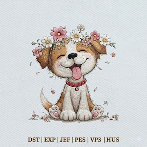 May include: A cartoon dog with brown and white fur, wearing a red collar and a floral crown. The dog is smiling with its tongue out, surrounded by flowers and leaves. The image includes the text "DST | EXP | JEF | PES | VP3 | HUS".