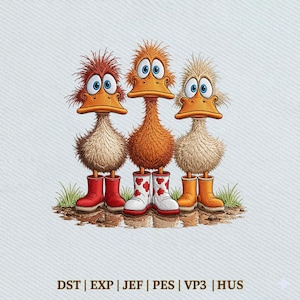 May include: An embroidery design featuring three cartoon ducks with wide blue eyes and messy feathers. The left duck wears red boots, the center duck wears white boots with red flower patterns, and the right duck wears orange boots. Text reads: DST | EXP | JEF | PES | VP3 | HUS.