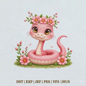 Pode incluir: Uma cobra rosa de desenho animado com uma coroa de flores e olhos grandes e expressivos. A cobra é cercada por flores rosas e folhas verdes. O texto "DST | EXP | JEF | PES | VP3 | HUS" está na parte inferior.