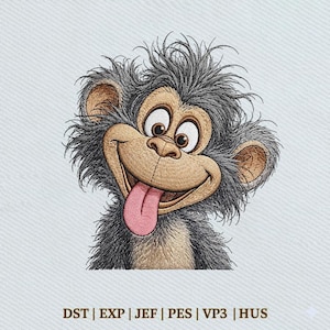 Pode incluir: Design bordado de um macaco de desenho animado com um sorriso largo e a língua de fora. O macaco tem olhos castanhos, rosto bronzeado e pelo cinzento. O texto na parte inferior diz: DST | EXP | JEF | PES | VP3 | HUS.