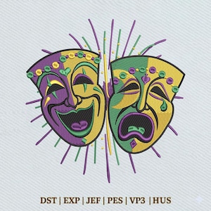 Mardi Gras Comedy Tragedy Mask Theatre Haft, Instant Download Dst Pe
