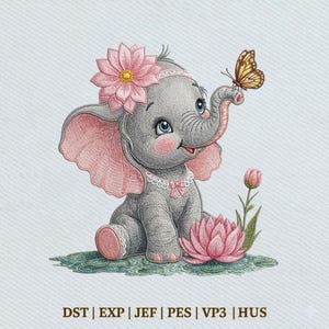 Baby Elephant Cute Floral with Butterfly, Nursery Animal Embroidery Design, Instant Download Dst Pe