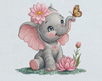 Baby Elephant Cute Floral with Butterfly, Nursery Animal Embroidery Design, Instant Download Dst Pe