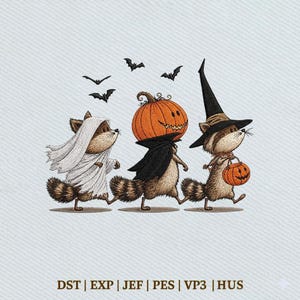 May include: An embroidery design featuring three raccoons in Halloween costumes: one as a ghost, one with a pumpkin head and black cape, and one as a witch with a hat and pumpkin bucket. Three bats fly above. Text at the bottom reads: DST | EXP | JEF | PES | VP3 | HUS