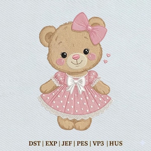 Cute Teddy Bear  Pink Dress Girl, Baby Shower Animal Embroidery Design, Instant Download Dst Pe