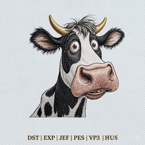 Könnte beinhalten: Eine Cartoon-Illustration einer Kuh mit überraschtem Gesichtsausdruck. Die Kuh ist schwarz und weiß mit goldenen Hörnern und großen braunen Augen. Unten steht: DST | EXP | JEF | PES | VP3 | HUS.