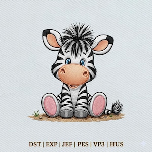 Könnte beinhalten: Ein gesticktes Design eines sitzenden Babyzebras mit schwarz-weißen Streifen, einer pfirsichfarbenen Schnauze sowie rosa Innenohren und Fußsohlen. Das Zebra hat blaue Augen und eine schwarze Haartolle. Der Text am unteren Rand lautet: DST | EXP | JEF | PES | VP3 | HUS.