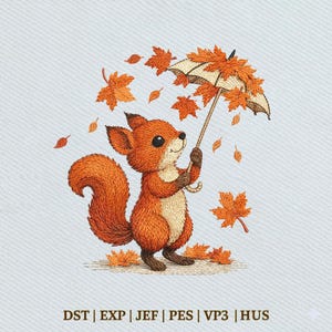 Pode incluir: Um desenho bordado de um esquilo laranja alegre segurando um guarda-chuva cheio de folhas de outono laranja. O esquilo está rodeado por folhas a cair, com o texto "DST | EXP | JEF | PES | VP3 | HUS" na parte inferior.