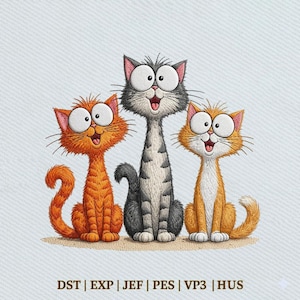 Puede incluir: Una ilustración digital de tres gatos de dibujos animados con ojos grandes y bocas abiertas. A la izquierda hay un gato naranja, en el centro un gato atigrado gris y a la derecha un gato naranja y blanco. El texto DST | EXP | JEF | PES | VP3 | HUS aparece debajo.