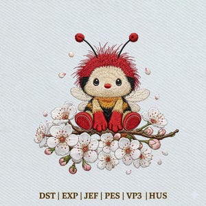 Puede incluir: Una linda abeja de dibujos animados con detalles en rojo y negro, sentada en una rama floreciente con flores blancas. La abeja tiene ojos grandes y zapatos rojos. La imagen incluye el texto: DST | EXP | JEF | PES | VP3 | HUS.