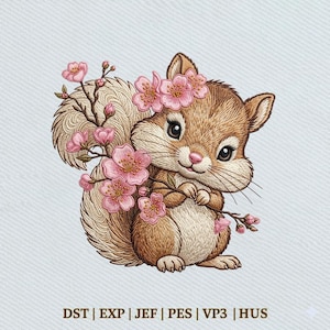 Cute Squirrel  Floral Woodland Animal, Baby Forest Embroidery Design, Instant Download Dst Pe