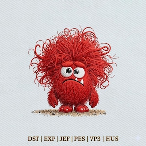 May include: An embroidered design of a round, fuzzy red monster with wild, tangled hair, large white eyes, and a small frowning mouth with one visible tooth. Below the monster, the text reads: DST | EXP | JEF | PES | VP3 | HUS.