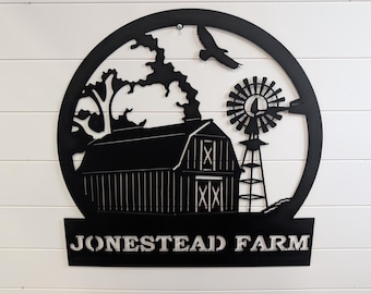 Custom Farm Sign Metal, Personalized Ranch Entrance Sign, Barn and Windmill Wall Art, Steel