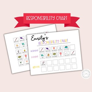 Op de afbeelding: Twee witte verantwoordelijkheidstabellen met kleurrijke pictogrammen en de tekst "Emily's Responsibility Chart". De tabellen hebben secties voor ochtend- en avondtaken, met een rode banner met de tekst "Responsibility Chart".
