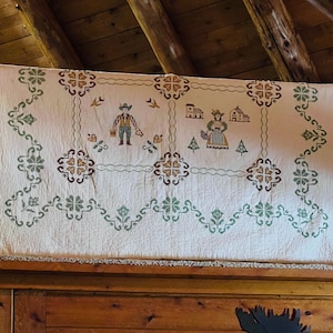 PRICE REDUCED!  Hand Embroidered - Cross Stitched Antique Quilt, 67&quot; x 92&quot; Hand Quilted