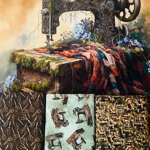 Tygpanel med texten "Glöm mig inte" av Marilyn Lee – Tryck med vintage-symaskin 90x113 cm bild 4