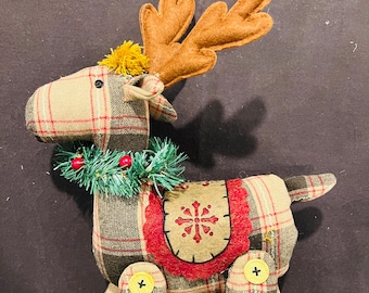 One of a kind - Soft Sculpture Reindeer - Vintage - Wool Plaid - Handmade