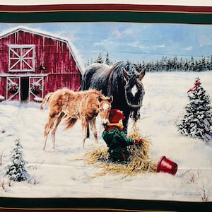 May include: A winter scene with a red barn, a brown horse, a brown foal, and a child in a red hat feeding hay to the horse. The scene is set in a snowy field with a small evergreen tree in the background.