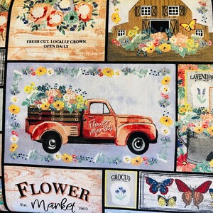 May include: A vintage red pick-up truck with a wooden bed filled with colourful flowers. The truck has a sign that says "Flower Market" and is surrounded by a border of flowers. The image also includes a barn, a watering can, and various flower seed packets with names like "Aster", "Tulip", "Lilac", and "Lavender".