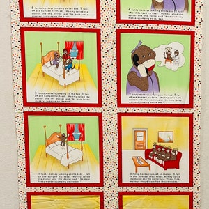 May include: A fabric panel featuring a children's story with illustrations of sock monkeys. The panels are framed in red and set against a polka-dot background. The story includes text and numbers, depicting monkeys jumping on a bed.